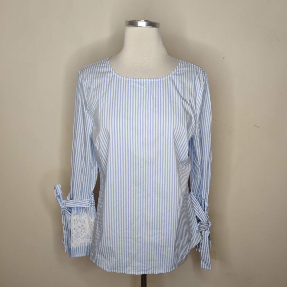 Worthington Blue Striped Top Flared Sleeve Lace Tie Cuff